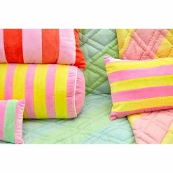 Rice by Rice Rectangular Cushion with Neon Green and Pink Stripes - L40 x W20 cm
