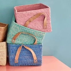 Rice by Rice Rectangle Raffia Basket In Blue