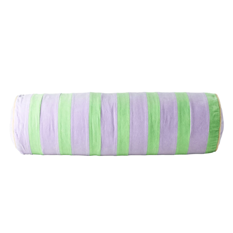 Rice by Rice Soft Velvet Bolster Pillow with Lavender and Green Stripes - Diametre 25, Width 80 cm 3 Rice by Rice Soft Velvet Bolster Pillow with Lavender and Green Stripes - Diametre 25, Width 80 cm