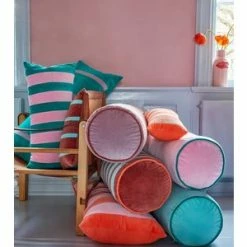 Rice by Rice Soft Velvet Bolster Pillow in Pink with Green Piping - Diametre 25, Width 60 cm