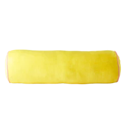 Rice by Rice Soft Velvet Bolster Pillow in Yellow with Pink Piping - Diametre 25, Width 80 cm